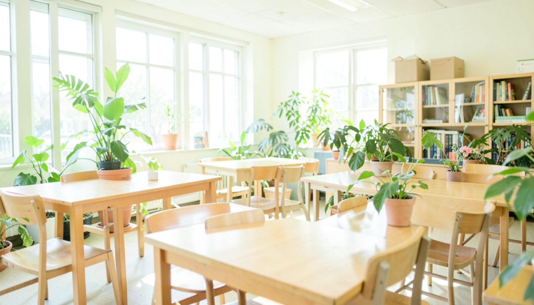 Bright, airy photograph of a sunlit university library reading area with wooden tables and green plants, conveying a calm academic atmosphere